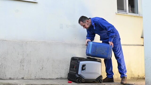 A bearded man in work clothes starts a gasoline-powered portable inverter generator. Energy independence during natural disasters and blackouts. A worker pours fuel into a generator