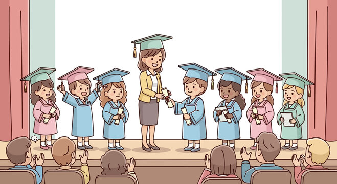 Joyful moment as young students celebrate their kindergarten or primary school graduation, receiving diplomas from their teacher on stage, while proud families applaud their academic milestone