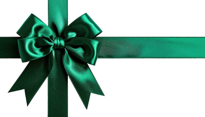 Emerald silk ribbon bow, crossed on a dark, flat surface