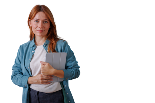 Confident redhead business woman holding tablet, smiling, looking at camera, transparent background