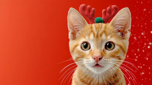Playful orange tabby cat wearing festive reindeer antlers, gazes curiously at the camera, with a vibrant red background and falling snowflakes, capturing a joyful holiday spirit, camera zooms in