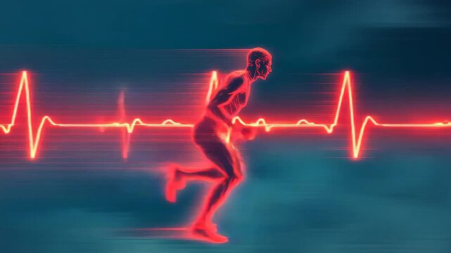 Pulsing ECG line driving runner across digital backdrop with motion blur, syncing heart with step