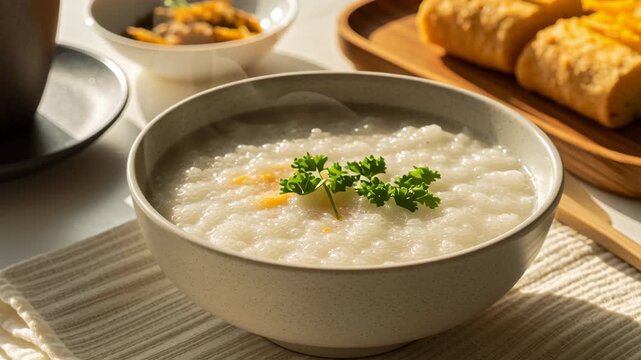 Thai street breakfast. Cozy Thai Breakfast Bowl of Rice Porridge with Herbs, Side Dishes, and Tea for Perfect Morning Setting