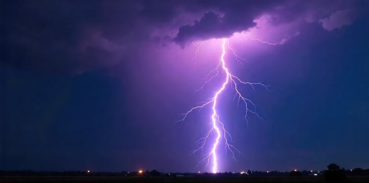 Dramatic close-up of a powerful lightning bolt striking during a raging thunderstorm, illuminating the dark sky Perfect for weather, nature, and power imagery , strike, weather, thunder