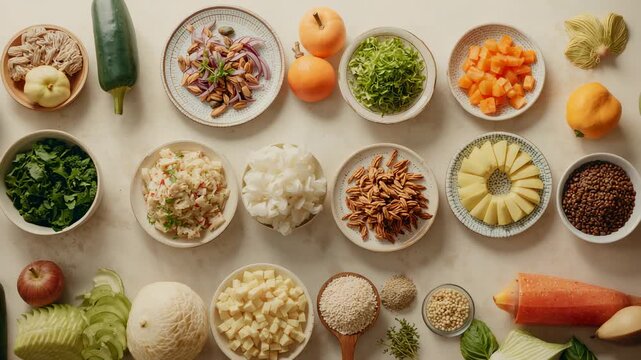 Displaying overhead grid on countertop in kitchen, with bowls of chopped vegetables and fruits