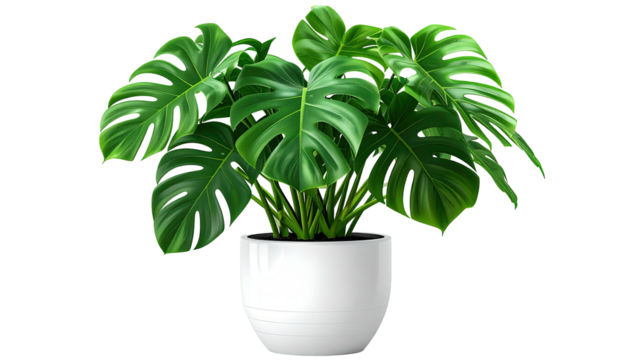 Monstera plant in white pot against a black background