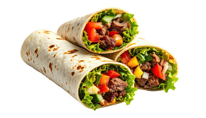 Three meat wraps with veggies, tightly rolled and stacked