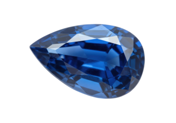 Isolated vibrant blue sapphire gemstone, pear shaped with geometric facets, precious stone