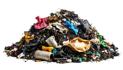 A heap of assorted trash and garbage against a black background