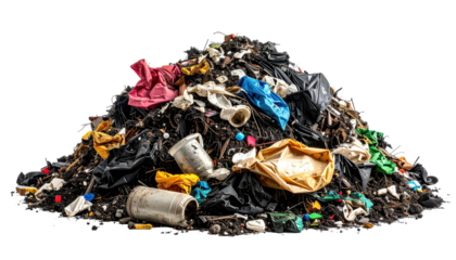 A heap of assorted trash and garbage against a black background