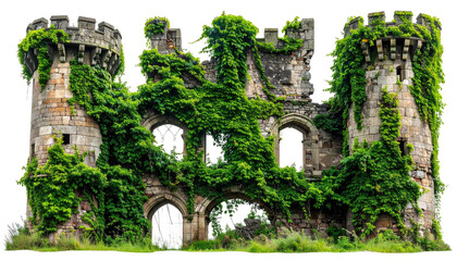 Overgrown castle ruins, stone towers & walls are ivy-covered