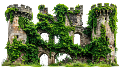 Overgrown castle ruins, stone towers & walls are ivy-covered