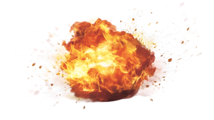 Fiery explosion with bright orange flames and dynamic energy on a transparent background
