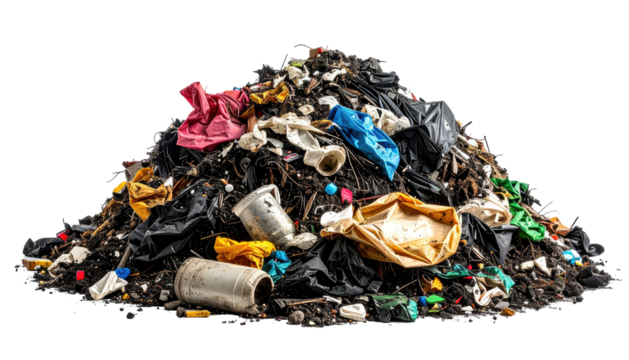 A heap of assorted trash and garbage against a black background