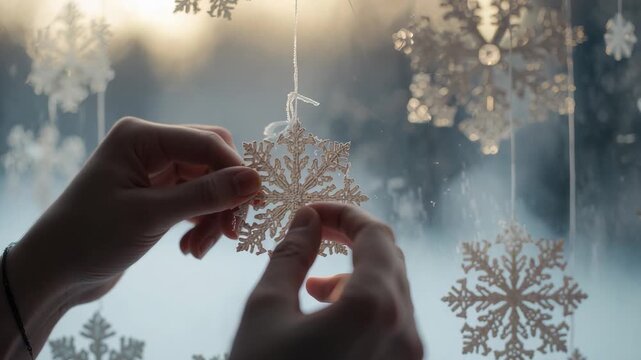 Right hand entering holding snowflake ornament, left hand hanging it on frosted window, decorating