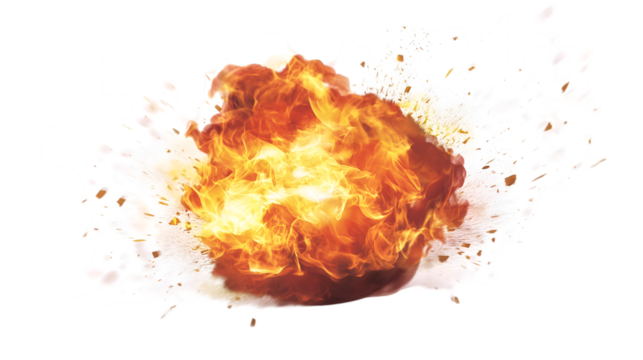 Fiery explosion with bright orange flames and dynamic energy on a transparent background