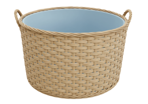 Isolated woven basket with light blue interior; natural-fiber container for decor, plants