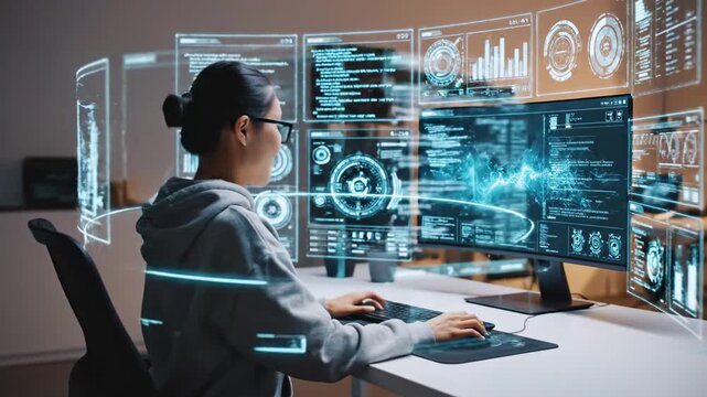 A woman in glasses, facing computer screens with data displays, coding and using a mouse - Powered by Adobe