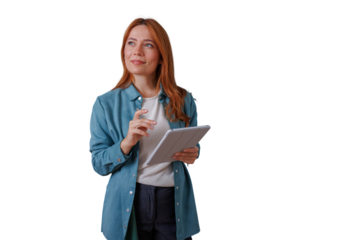 Redhead woman holding tablet and looking up thinking, having a new idea or planning, feeling optimistic