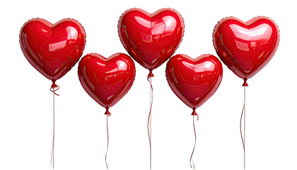 Five shiny red heart balloons on strings against a black backdrop