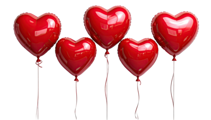 Five shiny red heart balloons on strings against a black backdrop
