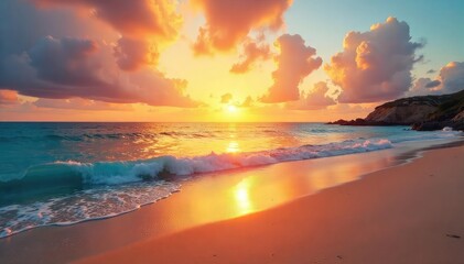 Obraz premium Golden hour sunlight bathes a tranquil beach at sunrise, the ocean calm and reflecting the vibrant sky Perfect for travel, vacation, and nature themes , beautiful, paradise, travel