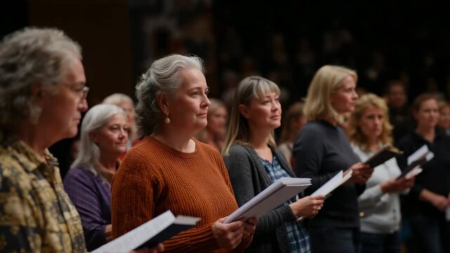 Zooming camera highlighting senior singer leading choir on stage, guiding harmonies with binders