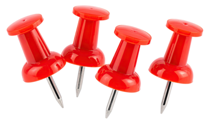Four red pushpins with steel tips clustered on a black backdrop