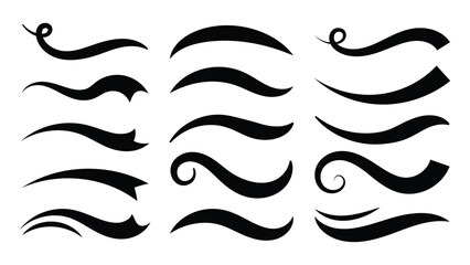 Clean Minimalist Swoosh & Swash Vector Elements Set. Hand drawn Vector swash underlines. Squiggly flourishes and doodle curved element. 
