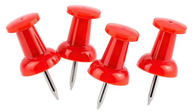 Four red pushpins with steel tips clustered on a black backdrop