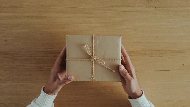 Settling hands on box woman in white sweater pinching twine loosening knot on table unwrapping gift
