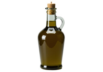 Isolated glass bottle filled with olive oil closed by cork, traditional kitchen utensil