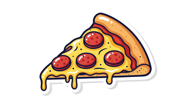 A vibrant cartoon depiction of a pepperoni pizza slice against a stark white backdrop