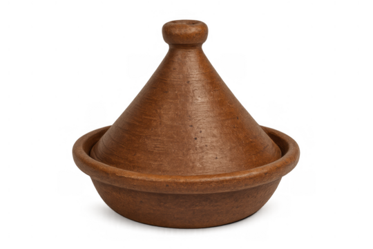 Moroccan tagine pot isolated on transparent background, traditional north african earthenware cooking vessel with conical lid
