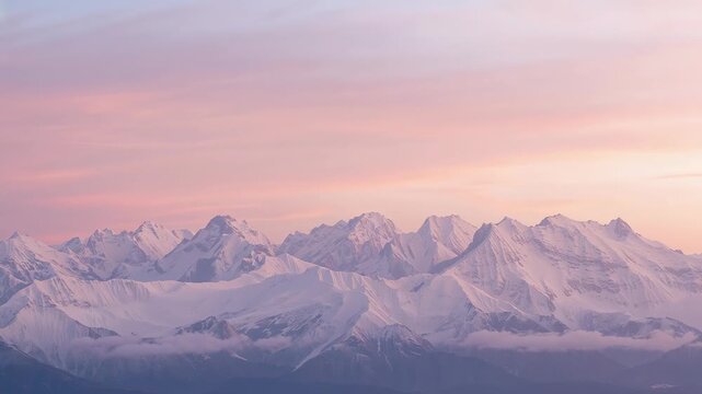 Capturing snow-capped peaks reflecting pastel dawn light, clouds lingering over alpine ridges