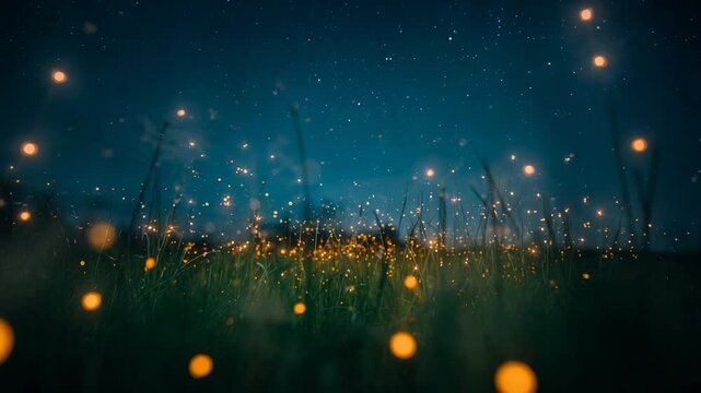 Nightfall signaling glowing golden orbs emerging, drifting and pulsing over tall grass meadow