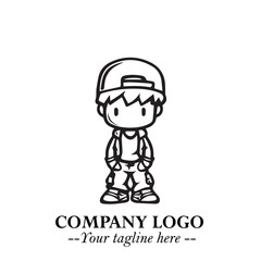 Black and White Chibi Boy Illustration with Jacket and Boots in Bold Thick Line Art Minimal Style

