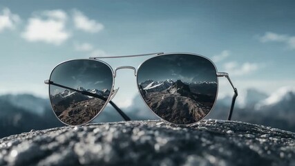 Opening close-up revealing aviator sunglasses resting on rough rock, reflecting mountain view - Powered by Adobe