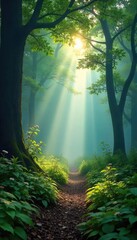 Obraz premium Misty morning in a lush forest, sunlight dappling through leaves, creating a mystical, breath-taking scene The air is still and fresh, a feeling of serenity and peace pervades , landscape, fresh