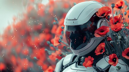 A figure in a suit with a helmet surrounded by vibrant red flowers and greenery