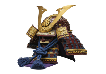 Isolated Samurai Helmet Armor, traditional historic Japanese battle head protection warrior