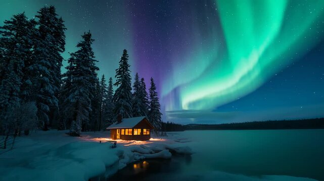 Appearing on horizon aurora borealis dancing over snowy lakeshore, casting light on glowing cabin