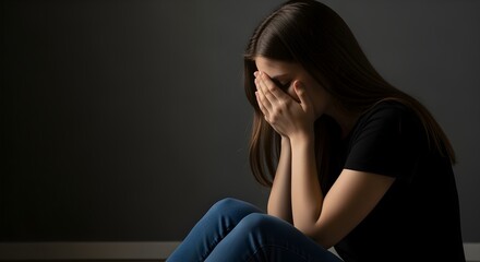 Obraz premium A young woman overwhelmed by sorrow and despair, covering her face in her hands, reflecting feelings of grief and emotional pain in isolation