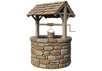 Isolated water well with roof, old vintage wishing well for garden in stonework design