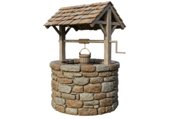 Isolated water well with roof, old vintage wishing well for garden in stonework design