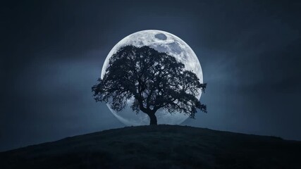 Rising full moon revealing surface behind tree silhouette on grassy hilltop, with drifting clouds - Powered by Adobe