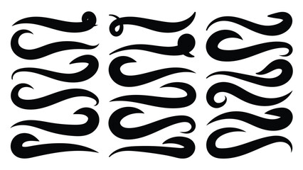 Hand drown swirl swashes. Abstract Swash Vector Pack. Swish typography font elements for athletics, baseball, football decoration. Calligraphy swirls, text tails swoosh vector illustration. 