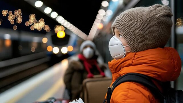 Youngsters wearing face masks and bundled up in winter gear are gathered on a train station platform, demonstrating a commitment to health and safety protocols amidst a viral epidemic