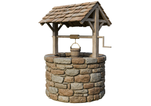 Isolated water well with roof, old vintage wishing well for garden in stonework design