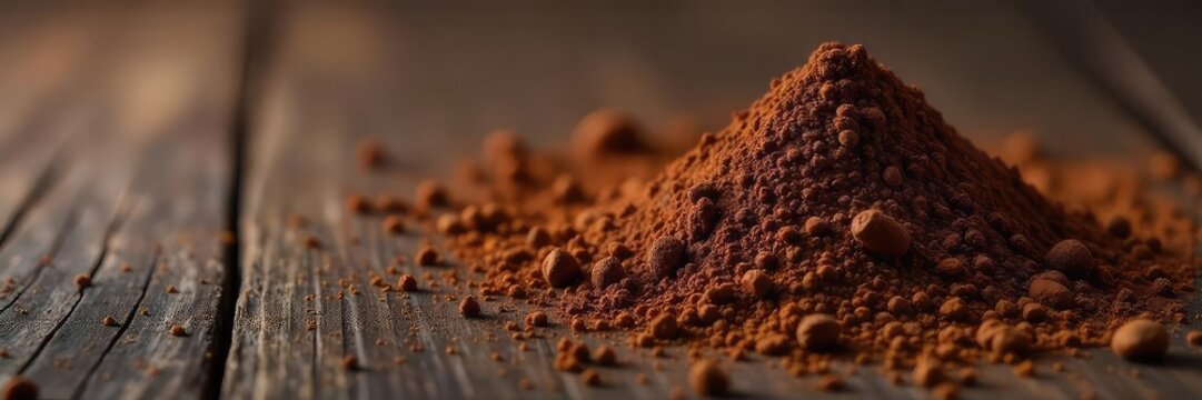 Rich, dark cocoa powder spills dramatically onto a rustic wooden surface, creating a decadent, chocolatey texture Perfect for baking, cooking, or beverage imagery , rustic, smooth